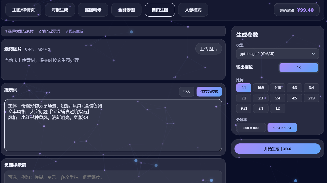 小红书封面生成案例：自由生图工作台选择3比4画幅的操作页面
